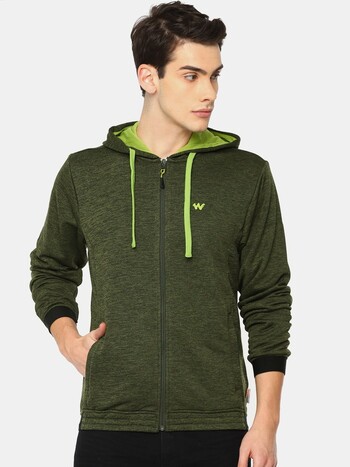 Wildcraft Green Solid Hooded Zip Hood Mel Sweatshirt