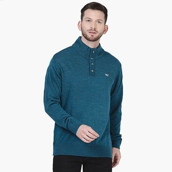 Men High Neck Henley Sweater - Blue