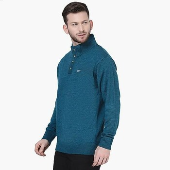 Men High Neck Henley Sweater - Blue