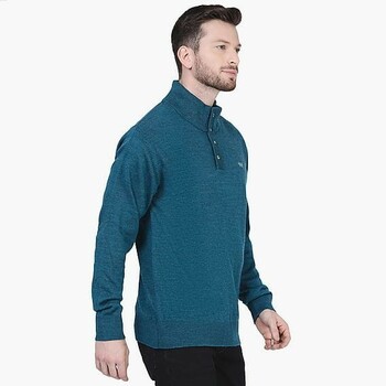 Men High Neck Henley Sweater - Blue