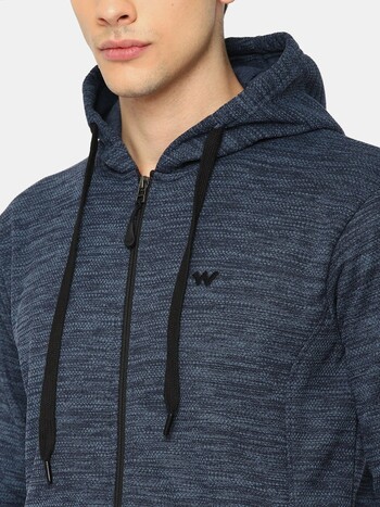 Men Blue Solid Hooded W Zip Mel Sweatshirt