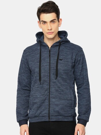 Men Blue Solid Hooded W Zip Mel Sweatshirt