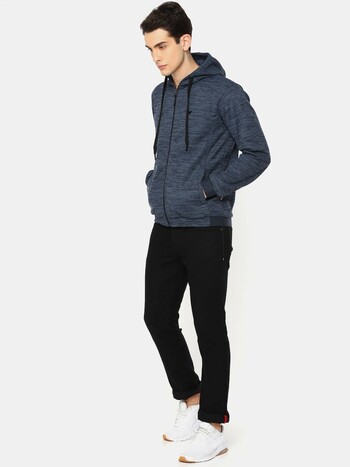 Men Blue Solid Hooded W Zip Mel Sweatshirt